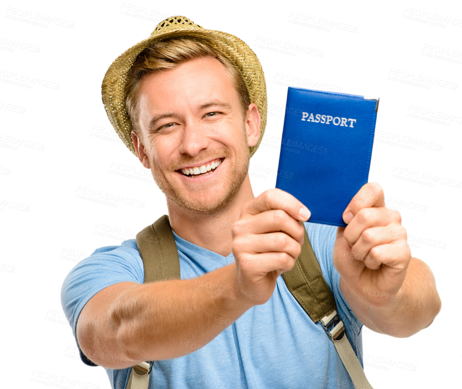 Buy stock photo Travel, portrait and happy man with passport with white background for destination, explore or tourism in studio. Smile, holiday and person with backpack for journey, adventure or vacation to Norway