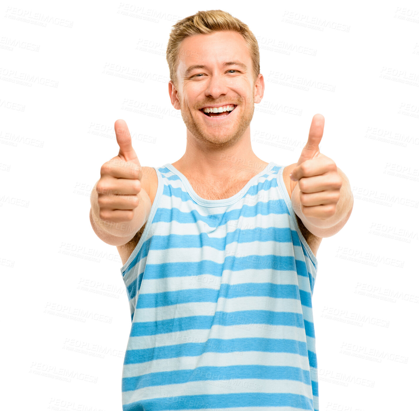 Buy stock photo Thumbs up, happy and portrait of man on a white background for success, good news and approval. Emoji, victory and isolated person with hand gesture for agreement, support and like sign in studio