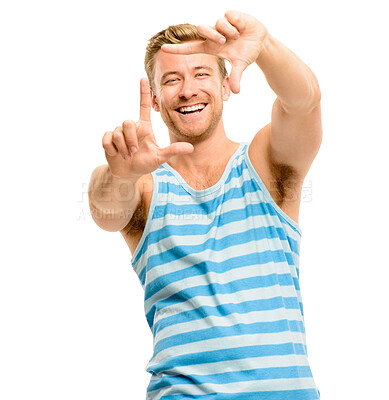 Buy stock photo Hands, frame and portrait of happy man in studio with smile for confidence, pride or positive attitude. Isolated, finger and person with gesture for photography, picture or face on white background