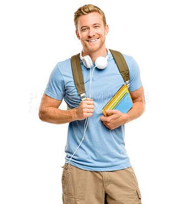 Buy stock photo Man, student and books in studio portrait for smile, headphones or backpack by white background. Person, happy and study for learning, bag or education for scholarship at university in Germany