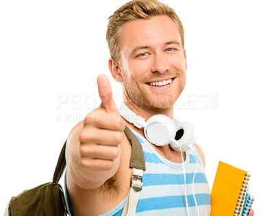 Buy stock photo Happy, thumbs up and portrait of student in studio with vote, good review or satisfaction emoji. Smile, university and man with approval gesture for books, backpack and headphones by white background