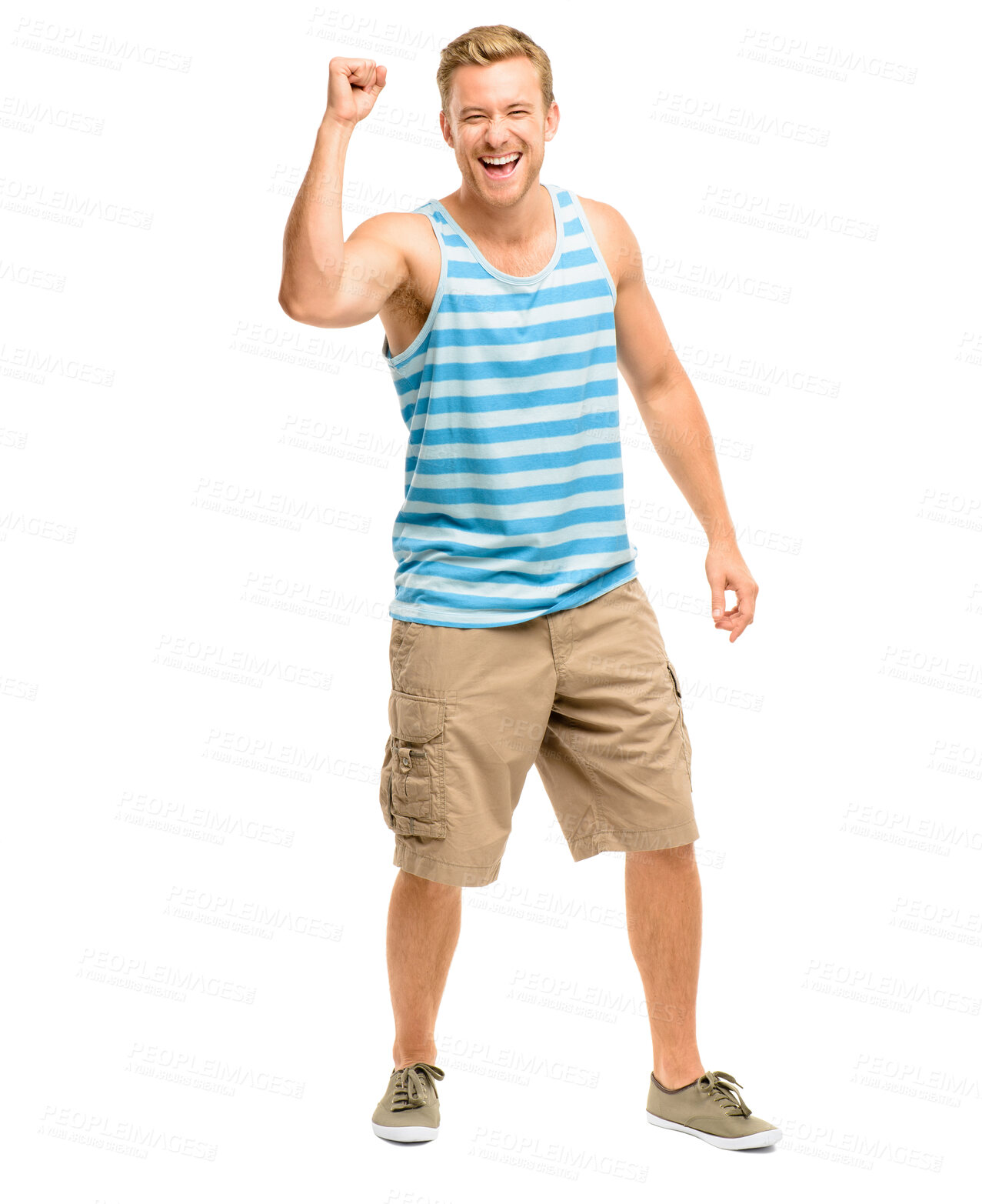 Buy stock photo Man, portrait and celebration in studio for success with giveaway winner, promotion and achievement. Person, victory fist and cheering for good news, bonus and competition on white background mockup