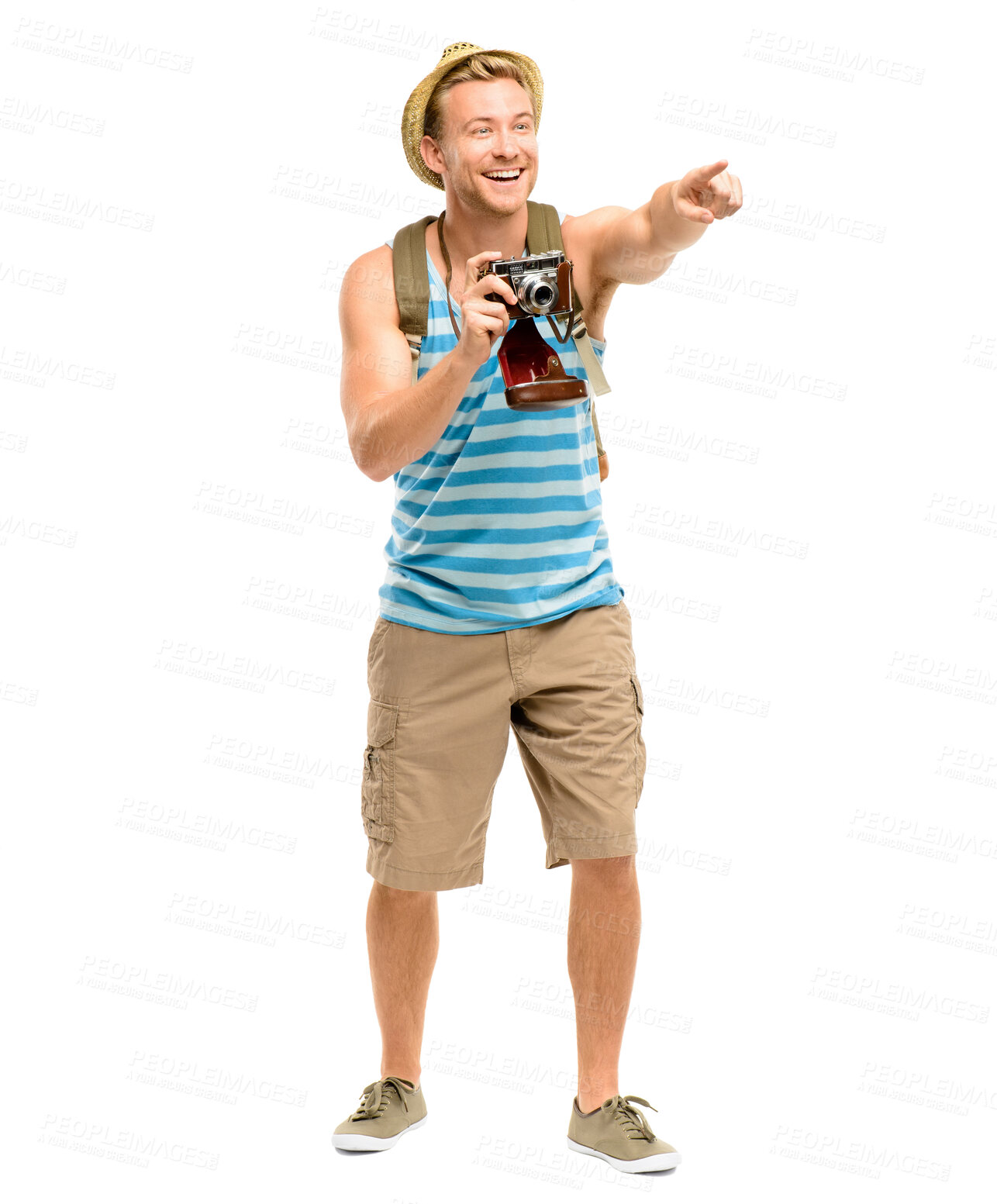 Buy stock photo Man, point and camera in studio for tourism with smile, travel and excited with backpack by white background. Person, photographer and shooting on holiday, perspective and memory with direction