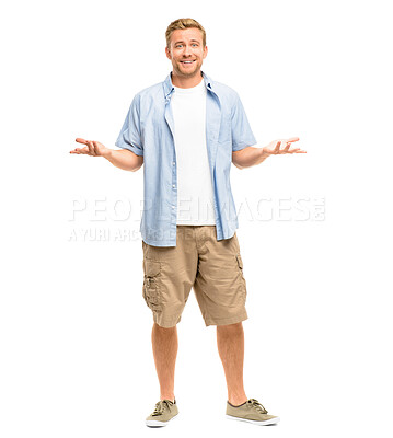 Buy stock photo Studio, smile and portrait of woman with shrug for doubt, question and confused on white background. Uncertain, male person and shoulders with gesture of emoji for uncertain, choice and decision