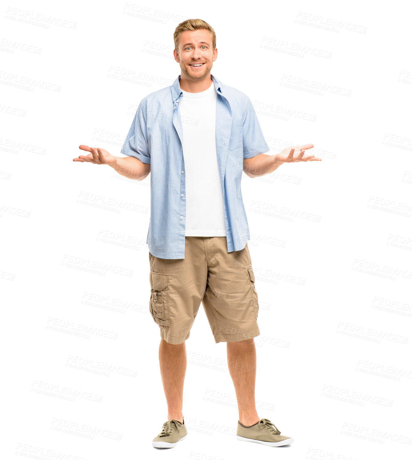 Buy stock photo Studio, smile and portrait of woman with shrug for doubt, question and confused on white background. Uncertain, male person and shoulders with gesture of emoji for uncertain, choice and decision