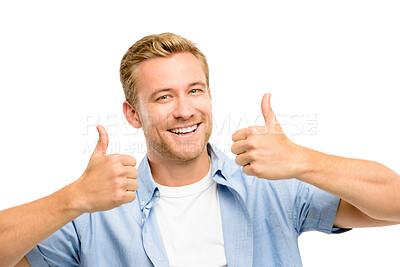 Buy stock photo Thumbs up, smile and portrait of man on a white background for success, good news and approval. Emoji, happy and isolated person with hand gesture for agreement, support and like sign in studio