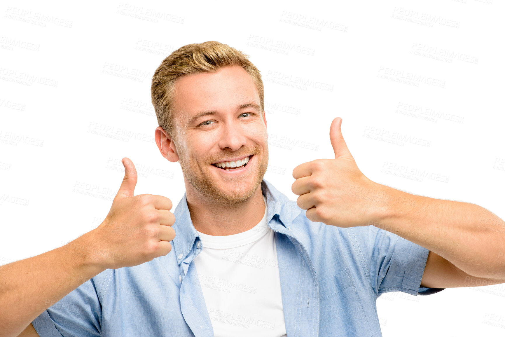 Buy stock photo Thumbs up, smile and portrait of man on a white background for success, good news and approval. Emoji, happy and isolated person with hand gesture for agreement, support and like sign in studio