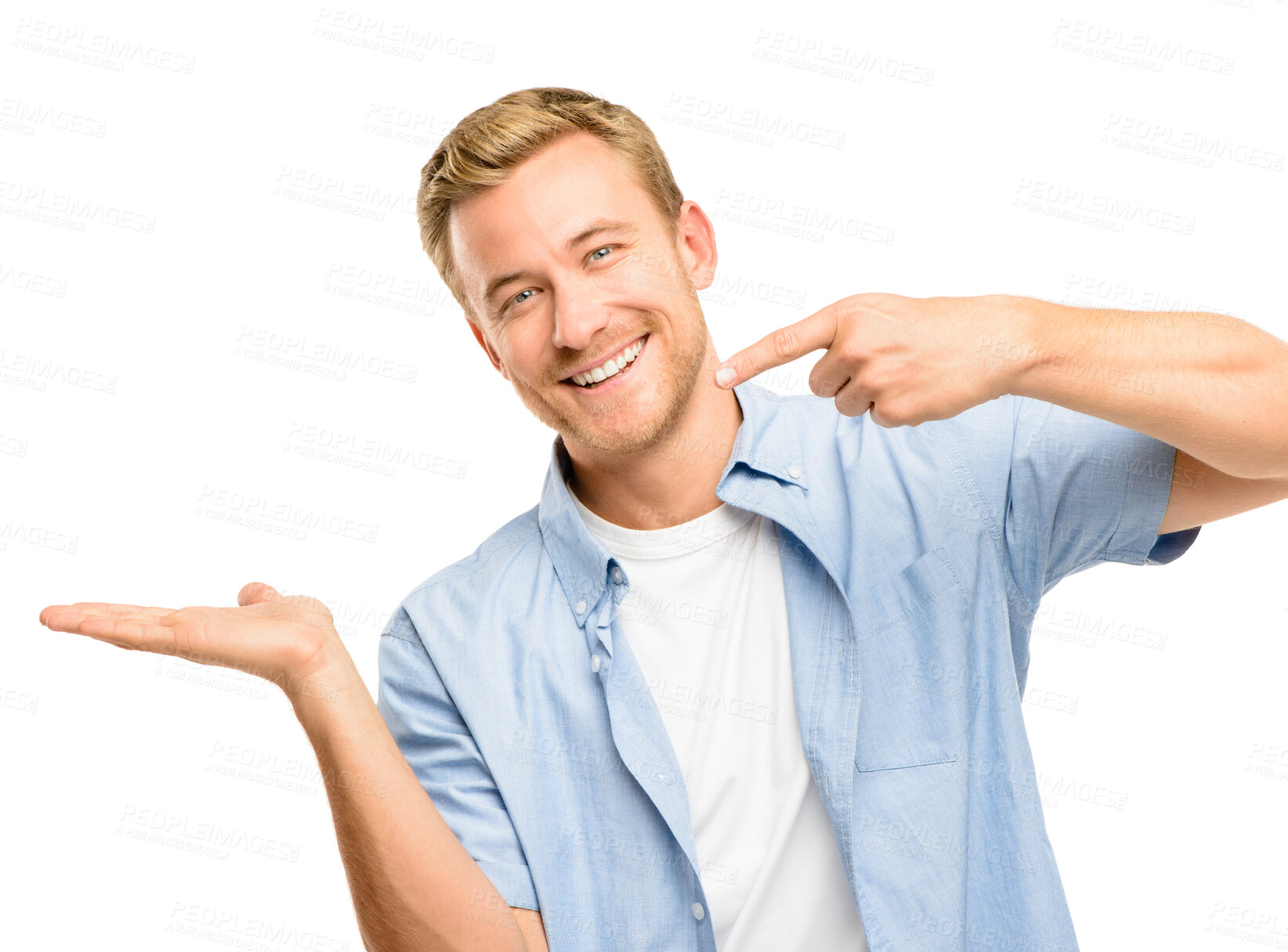 Buy stock photo Presentation, pointing and portrait of man in studio for promotion, news and announcement. Advertising, happy and isolated person with hand gesture for discount, deal and bargain on white background