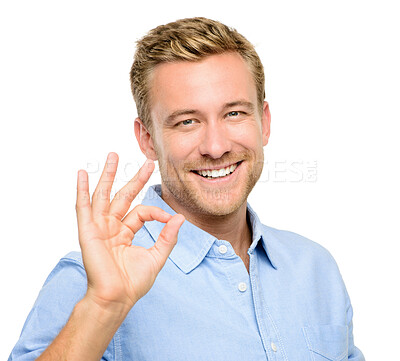 Buy stock photo OK, studio and portrait of businessman with approval for career, success and good service. Happy, worker and male person with gesture on white background for achievement, support and agreement