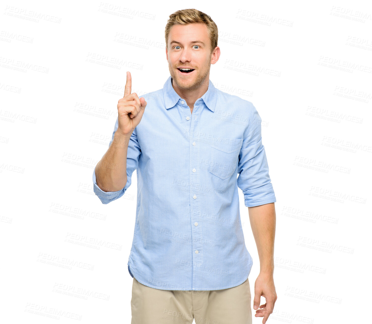 Buy stock photo Portrait, man and pointing up in studio for offer, choice or opportunity for fun promotion deal. Review, direction and happy male person showing announcement, notification or vote on white background