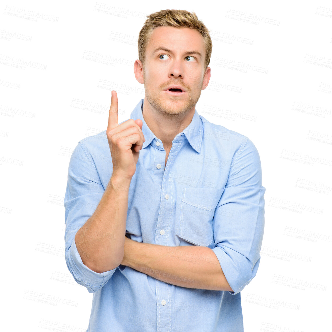 Buy stock photo Thinking, man and pointing up in studio for offer, choice or steps for opportunity with promotion deal. Review, opinion and male person showing announcement, ideas or inspiration on white background.