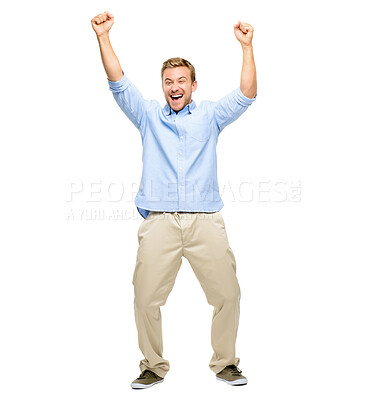 Buy stock photo Studio, excited and man in celebration with arms in air for success, confidence or happy achievement. Smile, winning and male person with hands raised in fun dance for opportunity on white background