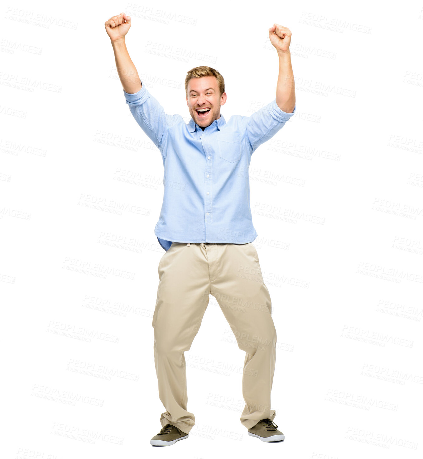 Buy stock photo Studio, excited and man in celebration with arms in air for success, confidence or happy achievement. Smile, winning and male person with hands raised in fun dance for opportunity on white background