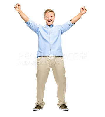 Buy stock photo Studio, portrait and man in celebration with arms in air for success, confidence or happy achievement. Smile, winning and excited male person with hands raised in deal opportunity on white background