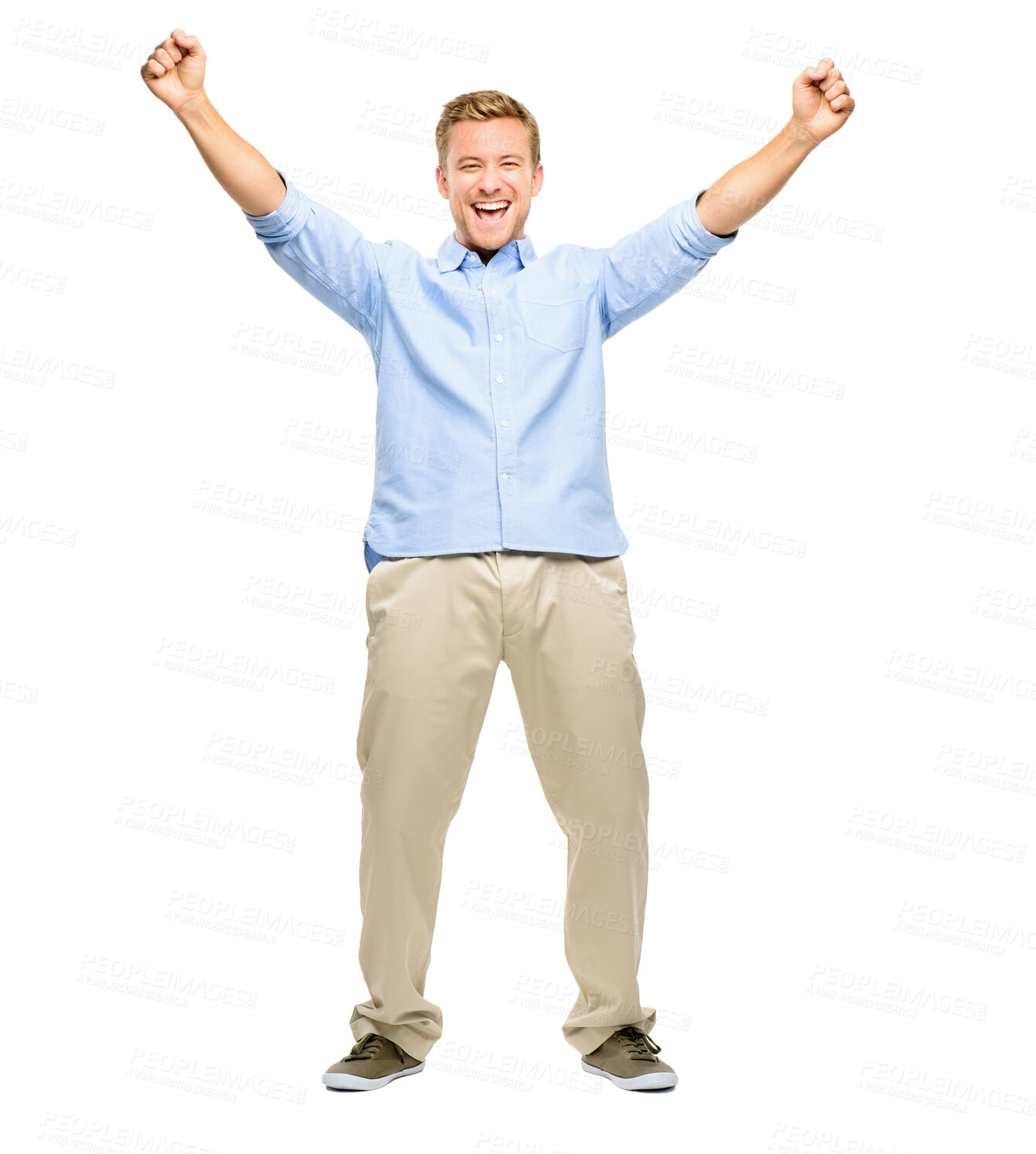 Buy stock photo Studio, portrait and man in celebration with arms in air for success, confidence or happy achievement. Smile, winning and excited male person with hands raised in deal opportunity on white background