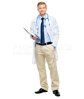 Buy stock photo Doctor, portrait and man with clipboard in studio with healthcare information, medical notes or diagnosis. Health, stethoscope and physician for insurance, consultant or trust with white background