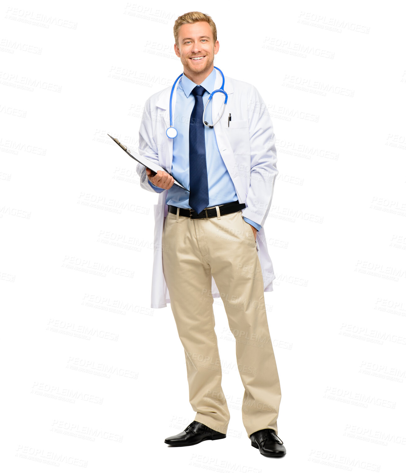 Buy stock photo Doctor, portrait and happy man with clipboard in studio with information, medical notes or diagnosis. Health, stethoscope and physician for service, consultant and trust with white background