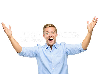 Buy stock photo Studio, excited and portrait of man in celebration with arms in air for success, confidence or happy achievement. Smile, winning and male person with hands raised for opportunity on white background