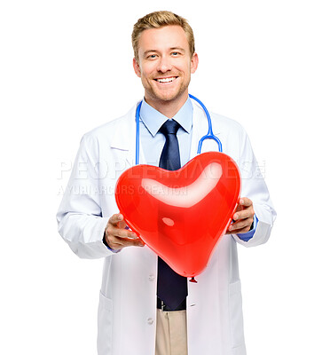 Buy stock photo Portrait, man or doctor with heart in studio for care icon, smile and advice on cholesterol wellness. Healthcare, support and happy medical professional with cardiology balloon on white background