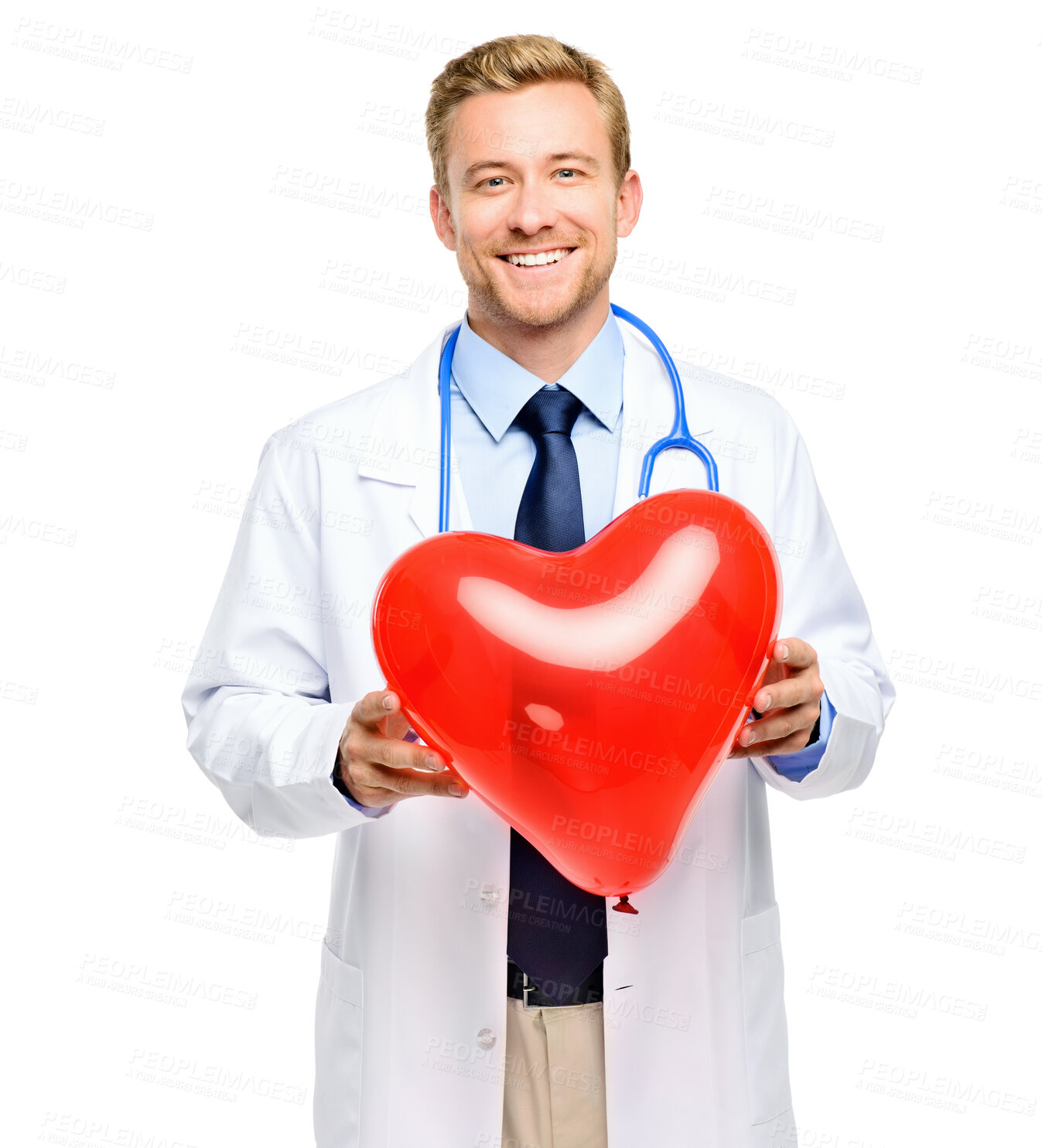 Buy stock photo Portrait, man or doctor with heart in studio for care icon, smile and advice on cholesterol wellness. Healthcare, support and happy medical professional with cardiology balloon on white background