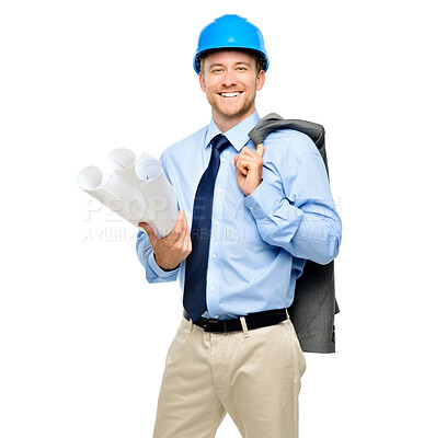 Buy stock photo Architecture, blueprint and portrait of business man in studio for engineering, designer or building, Graphics, floor plan and construction with contractor isolated on white background for inspection