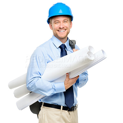 Buy stock photo Architecture, blueprint and planning with portrait of man in studio for engineering, isolated and building. Graphics, floor plan and construction with contractor on white background for inspection