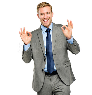 Buy stock photo Businessman, studio and OK hand gesture in portrait for career, feedback or agreement of service. Excited, attorney and smile with emoji for legal case, achievement or success on white background