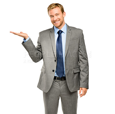 Buy stock photo Presentation, hand and studio portrait of businessman with product placement for choice, opportunity or promotion. Offer, deal and happy man showing announcement, opinion or vote on white background