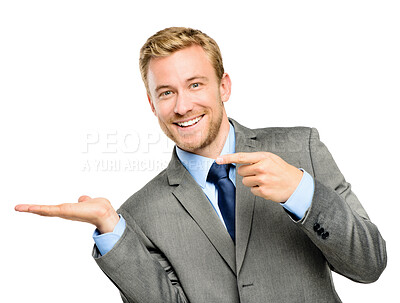 Buy stock photo Pointing, hand and studio portrait of businessman with product placement in presentation, offer or promotion. Opportunity, deal and happy man showing announcement, opinion or vote on white background