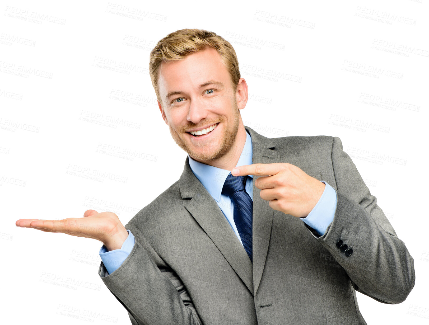 Buy stock photo Pointing, hand and studio portrait of businessman with product placement in presentation, offer or promotion. Opportunity, deal and happy man showing announcement, opinion or vote on white background