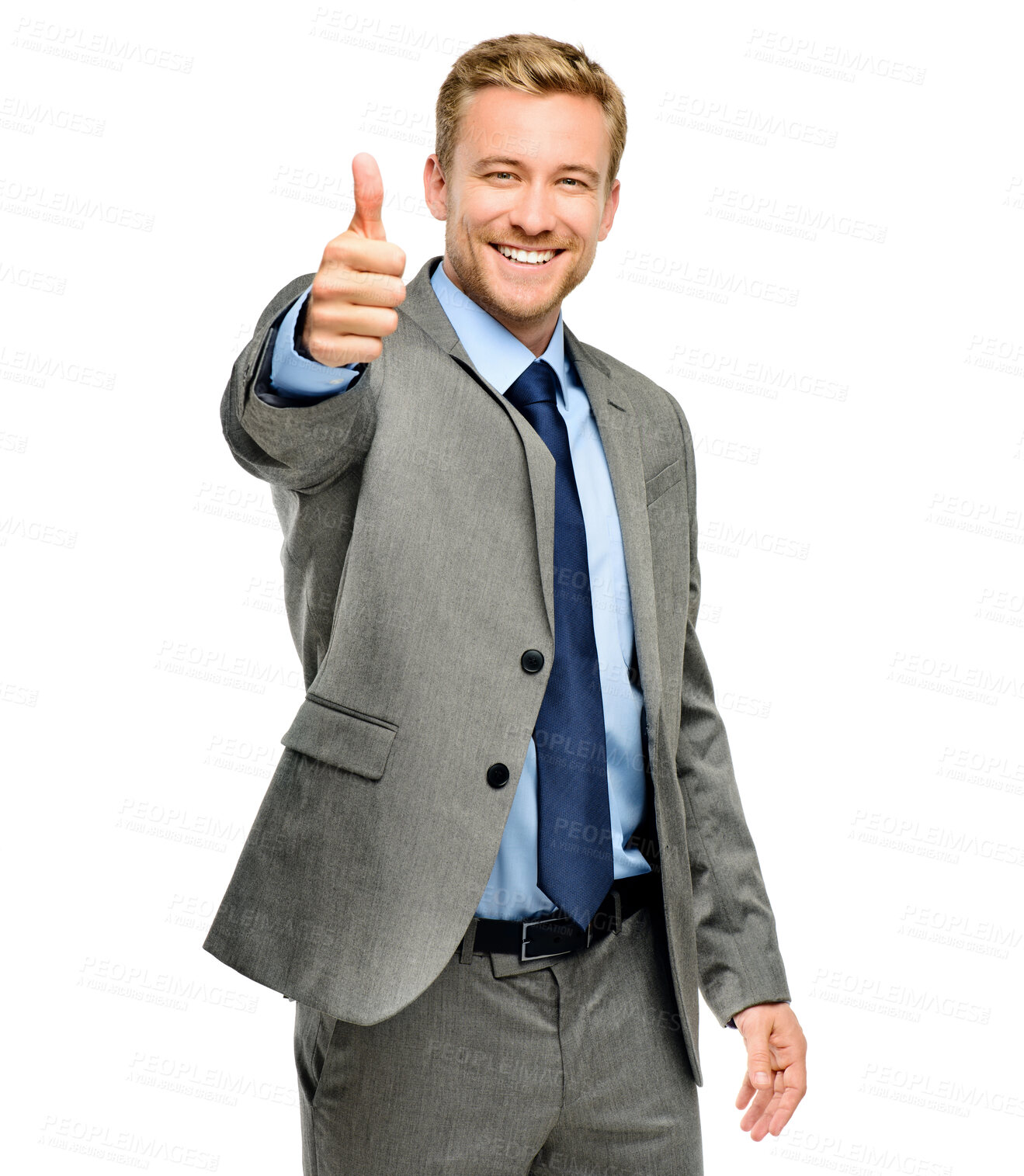 Buy stock photo Portrait, smile and thumbs up with a business man in studio isolated on a white background for motivation. Professional, like and a happy male accountant in a suit to say yes or thank you for support