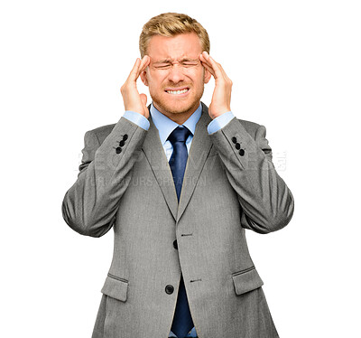 Buy stock photo Businessman, stress and hands with headache in studio for audit deadline, anxiety and brain fog. Frustrated, accountant and problem with pain for finance job, pressure and burnout on white background