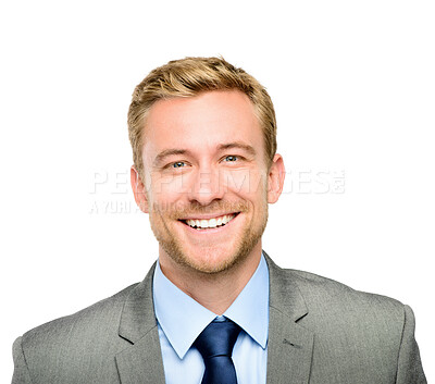 Buy stock photo Portrait, smile and corporate with a business man in studio isolated on a white background for work. Professional, confident and a happy male accountant in a suit for his finance or banking career