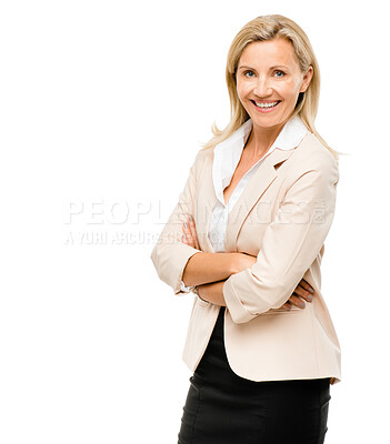 Buy stock photo Confidence, portrait and mature woman in studio with pride, business mockup and project management. Smile, space and happy businesswoman with professional career, arms crossed and white background