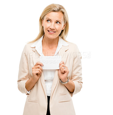 Buy stock photo Card, thinking and business woman in studio with mockup space for company name, startup or ideas. Professional, pride and person with sticker, sign and banner for networking event on white background