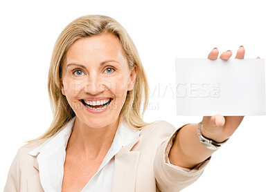 Buy stock photo Happy woman, portrait and business card for advertising, sign or mockup space isolated on a white studio background. Female person or employee with small billboard, paper or poster for advertisement