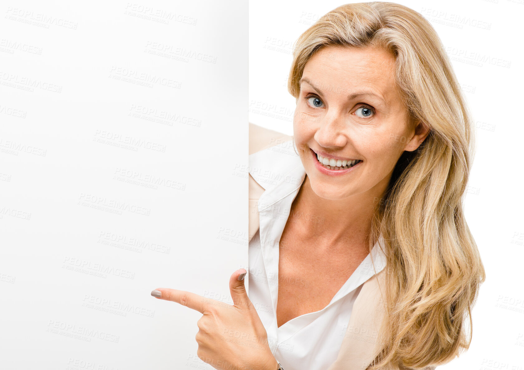 Buy stock photo Happy woman, portrait and pointing to billboard on mockup space for advertising isolated on a white studio background. Female person or employee with paper, sign or poster for banner or advertisement