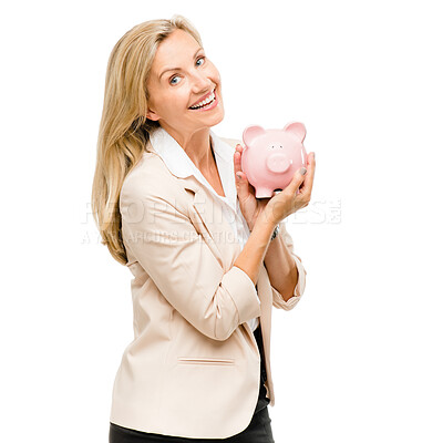 Buy stock photo Happy woman, portrait and piggy bank for money investment, savings or loan isolated on a white studio background. Excited female person and piggybank for coins, budget finance or cash on mockup space