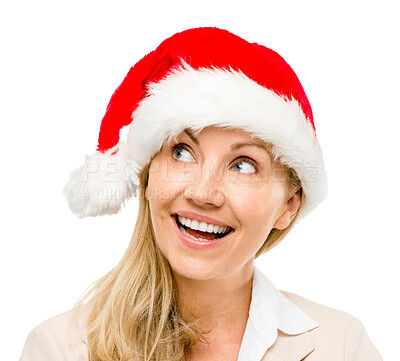 Buy stock photo Christmas hat, thinking and happy woman in studio for holiday, vacation or festive season. Corporate, mature professional and business person for gift ideas, surprise or present on white background