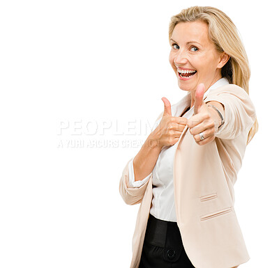 Buy stock photo Happy business woman, portrait and thumbs up for success isolated on a white studio background. Female person show thumb emoji, yes sign or like for approval, agreement and good job on mockup space