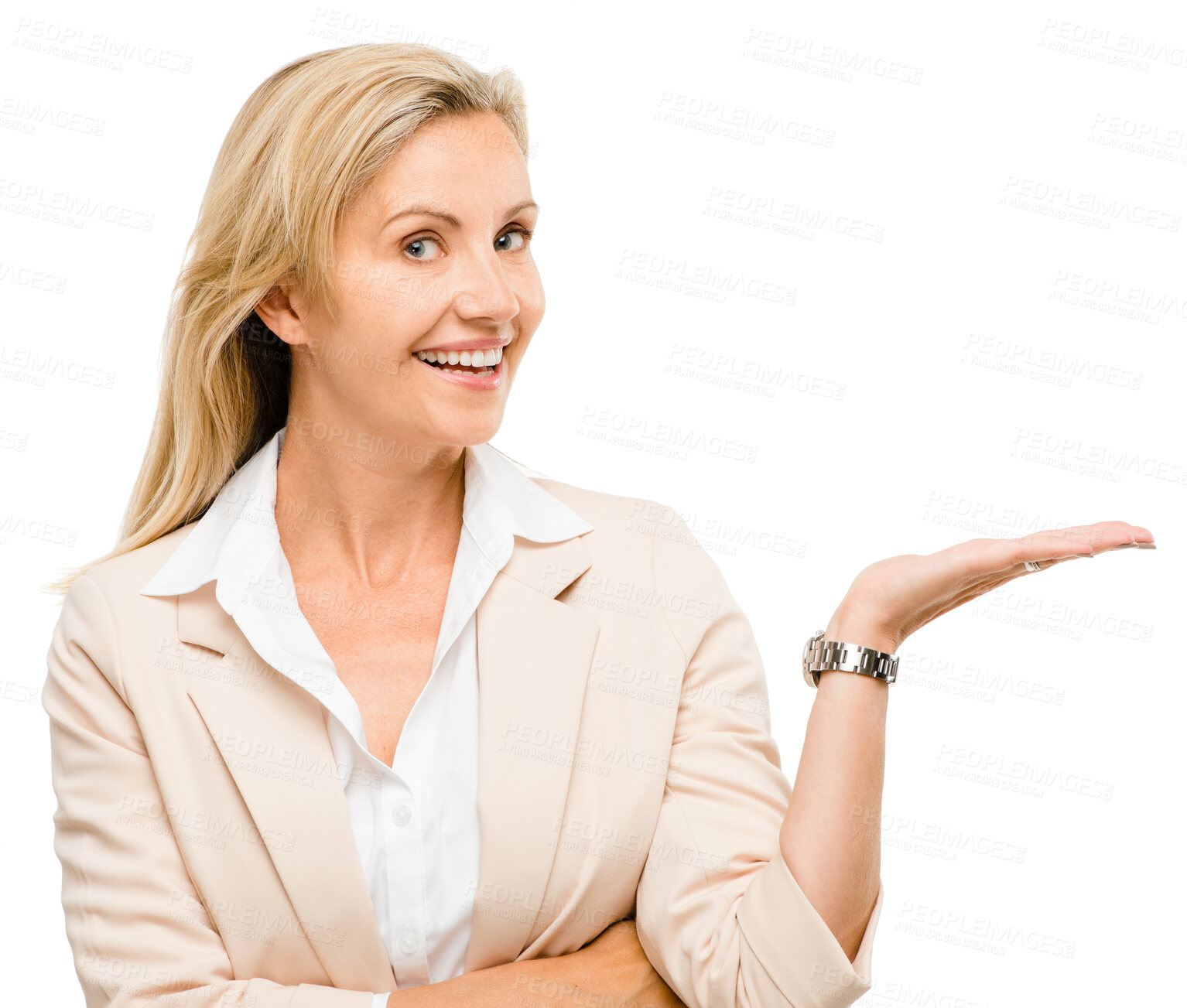 Buy stock photo Happy woman, portrait and hand holding in studio for offer, promo deal or info isolated on a white background. Palm, smile and mature female person pointing to mockup, space or sale presentation 