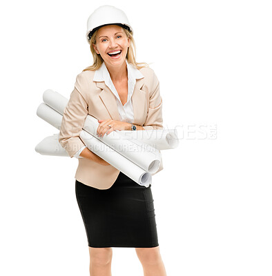 Buy stock photo Happy woman, architect and blueprint for construction, documents or architecture planning. Portrait of female person, contractor or engineer with floor plan isolated on a white studio background