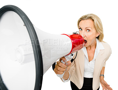 Buy stock photo Megaphone, portrait and mature woman in studio with wow news, sale or announcement on white background. Speaker, speech and face of lady with coming soon promo, launch or offer, vote or voice opinion