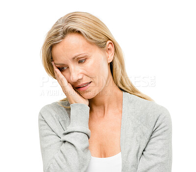 Buy stock photo Stress, thinking and mature woman in studio with anxiety, worry and mental health crisis against white background. Depression, fear and scared female confused with mistake, headache or disaster fail