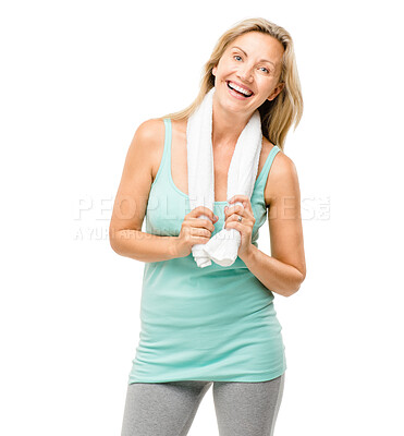 Buy stock photo Portrait, fitness and towel with a senior woman in studio isolated on a white background for health. Exercise, smile and lifestyle with a happy mature female athlete ready for training or a workout