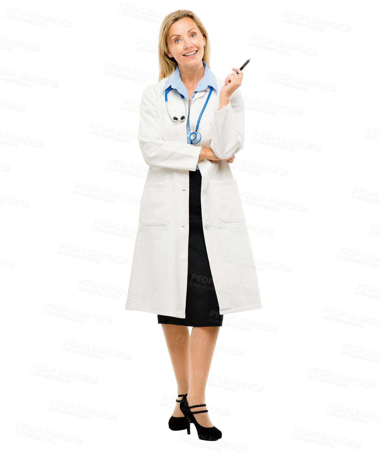 Buy stock photo Woman, doctor and syringe in studio portrait, smile and boost immune system by white background. Person, medic and happy with needle for pharmaceutical, drugs or vaccine for healthcare at clinic