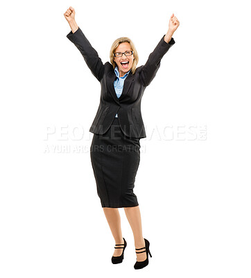 Buy stock photo Business woman, celebration and excited in studio portrait with fist for career goal by white background. Person, happy and cheers with smile for winning, success or bonus with salary increase at job