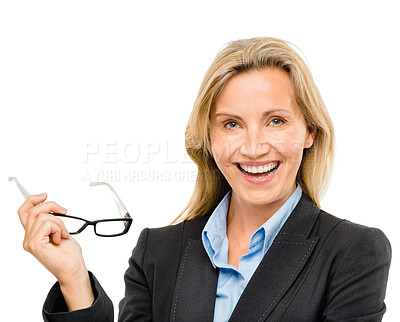 Buy stock photo Business, portrait and mature woman with smile, glasses and project management agency in studio. Pride, confidence and businesswoman with professional opportunity, happy face and white background