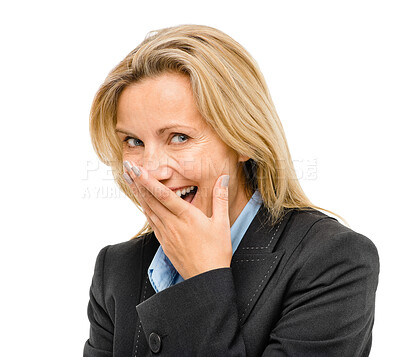 Buy stock photo Business woman, studio and cover mouth for shock, wow or portrait for gossip by white background. Person, funny and comic joke with surprise for story, news or information for job at corporate agency