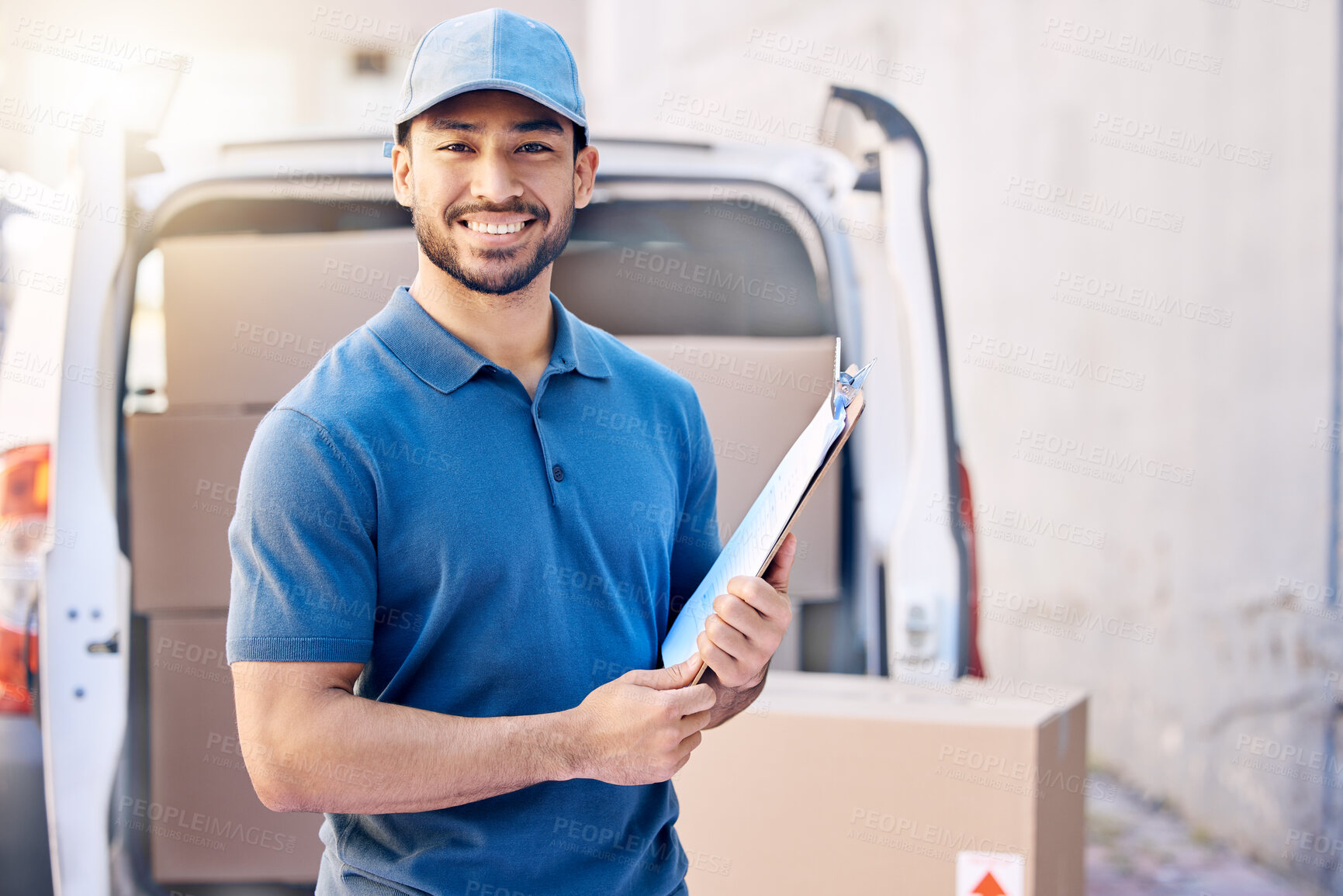 Buy stock photo Logistic, portrait and delivery man with clipboard by car, checklist and inspection of orders. Outdoor, male employee and ecommerce with documents, boxes and shipping service for courier company